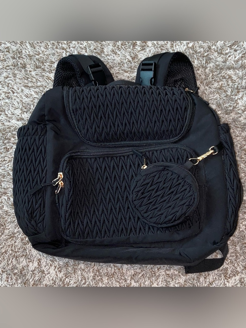 Black Diaper Bag Backpack W/ Zipper Pockets Insulated Lining, Round Pouch & Pad